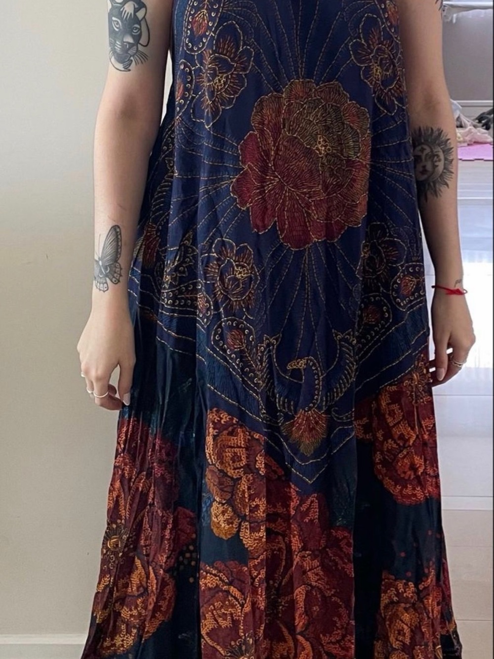 FARM Rio Navy Maxi Dress with Rust and Gold Floral